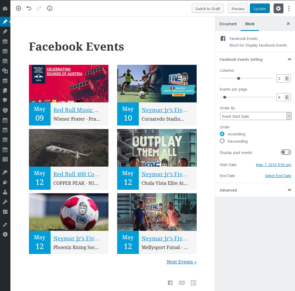 Facebook Events Gutenberg Block
