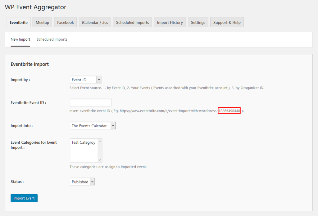Eventbrite event import using Organizer ID.