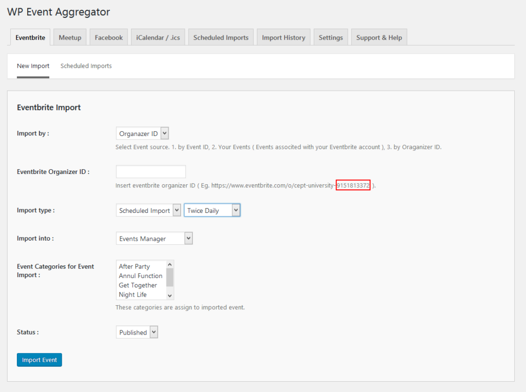 Eventbrite event import using Organizer ID.