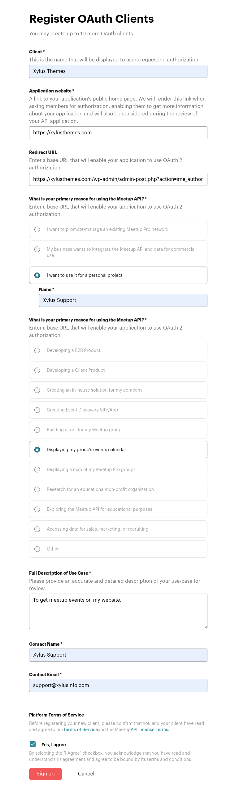 Meetup Register OAuth Clients