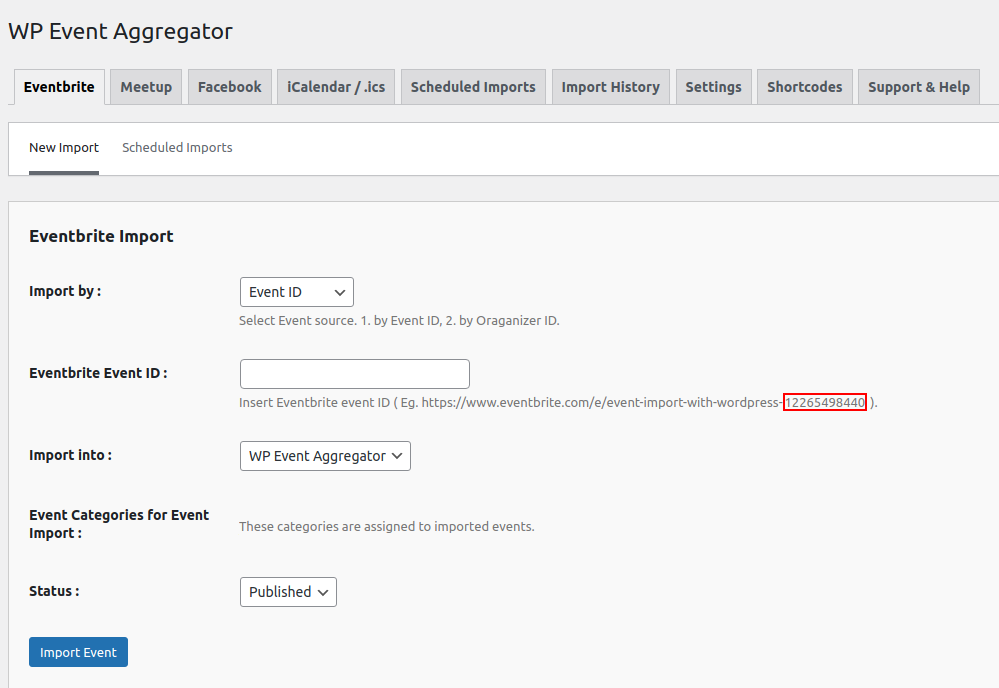WordPress admin dashboard for Eventbrite event import.