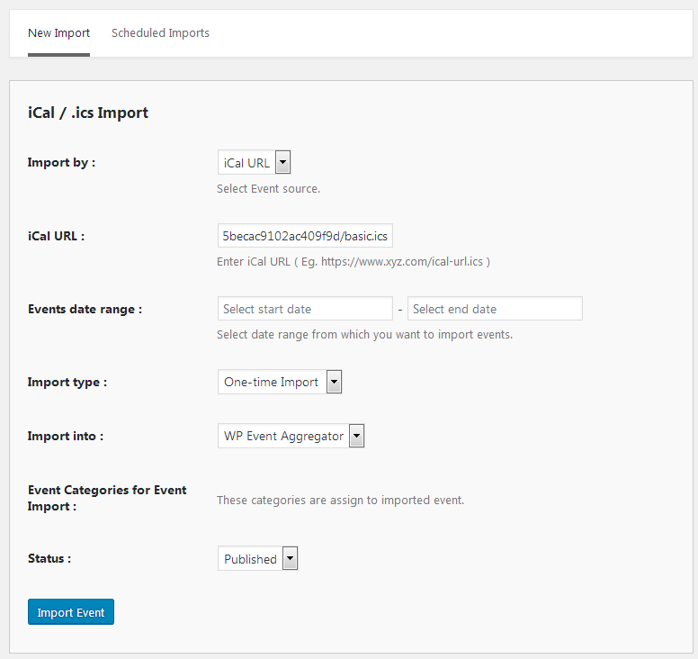 WP-Event-aggregator ical url import