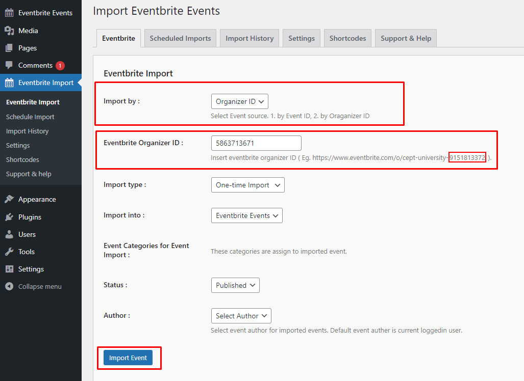 Import event with organiser id