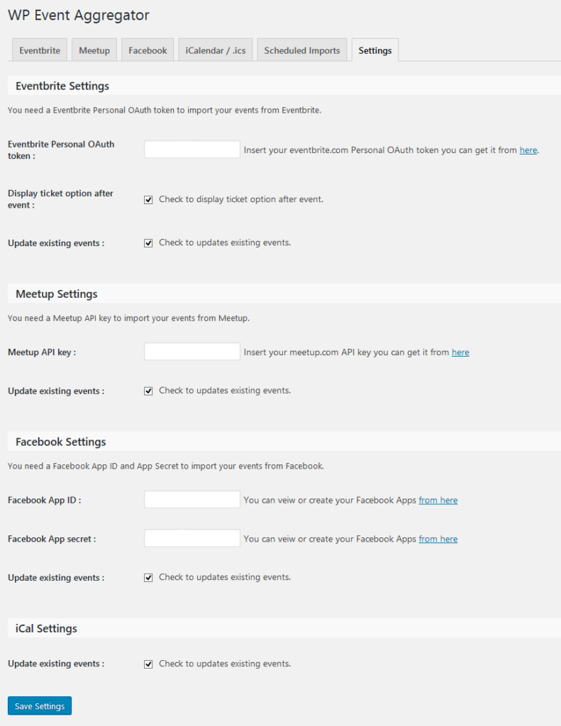 WP Event Aggregator Settings.